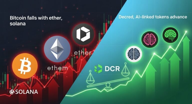 Bitcoin falls with ether, solana while decred, AI-linked tokens advance Bitcoin
